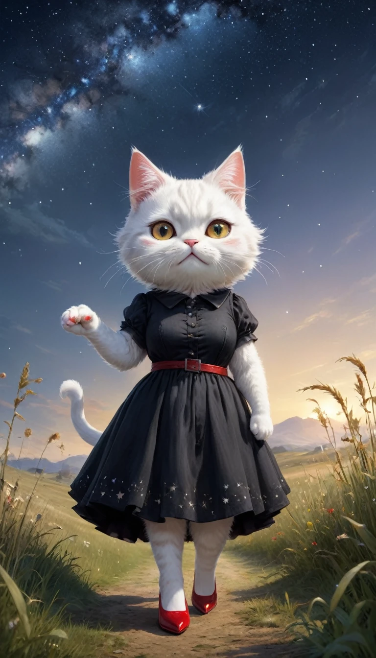 small, かわいいto be bornき物, wear a black dress、Red High Heels、 whole body,small , Are standing, Costume, A grassland surrounded by stars、 Fantasy art, Exquisite detail, Jean-Baptiste Monge Style, office、Alan Lee Style, Anthropomorphic, Fat, Shaggy white cat with big eyes, Movie Scenes, Dramatic shot angles, , Realistic, to be born々Stunning cinematic photorealism, Action Portrait, 8k, detailed, Full Frame
