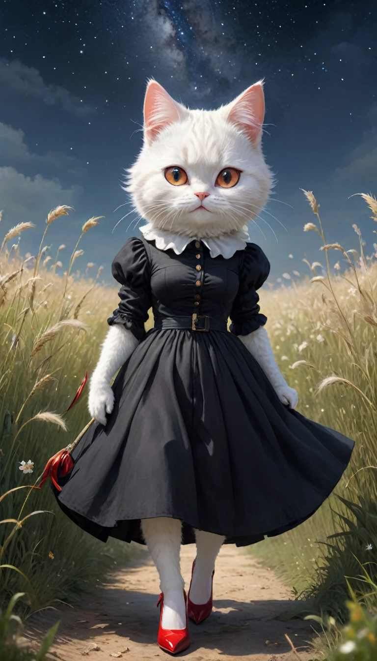  small, かわいいto be bornき物, wear a black dress、Red High Heels、 whole body,small , Are standing, Costume, A grassland surrounded by stars、 Fantasy art, Exquisite detail, Jean-Baptiste Monge Style, office、Alan Lee Style, Anthropomorphic, Fat, Shaggy white cat with big eyes, Movie Scenes, Dramatic shot angles, , Realistic, to be born々Stunning cinematic photorealism, Action Portrait, 8k, detailed, Full Frame