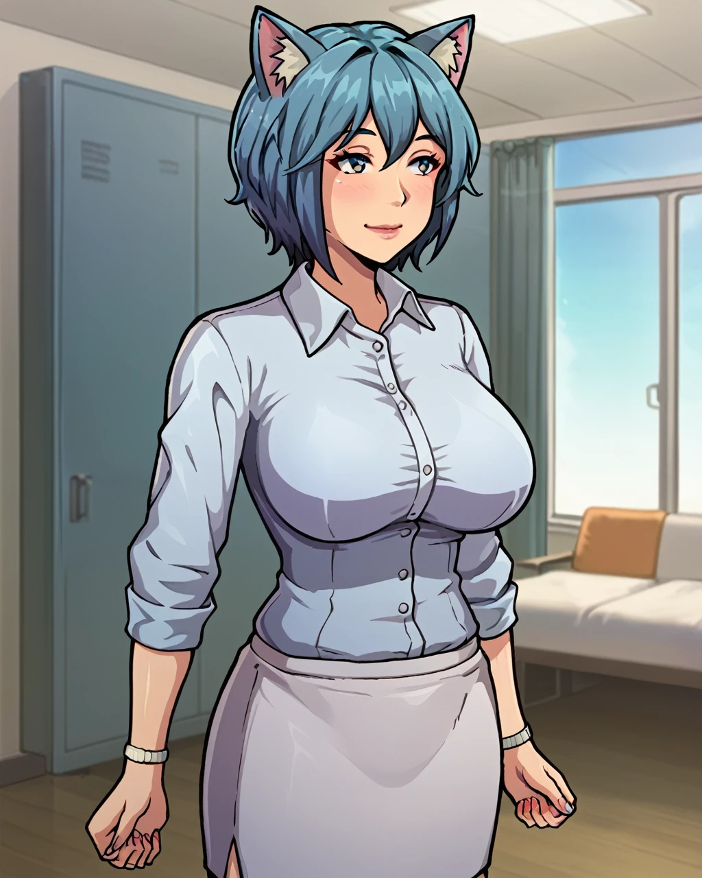 a milf with blue cat ears and blue hairs in a white collared shirt and short gray skirt