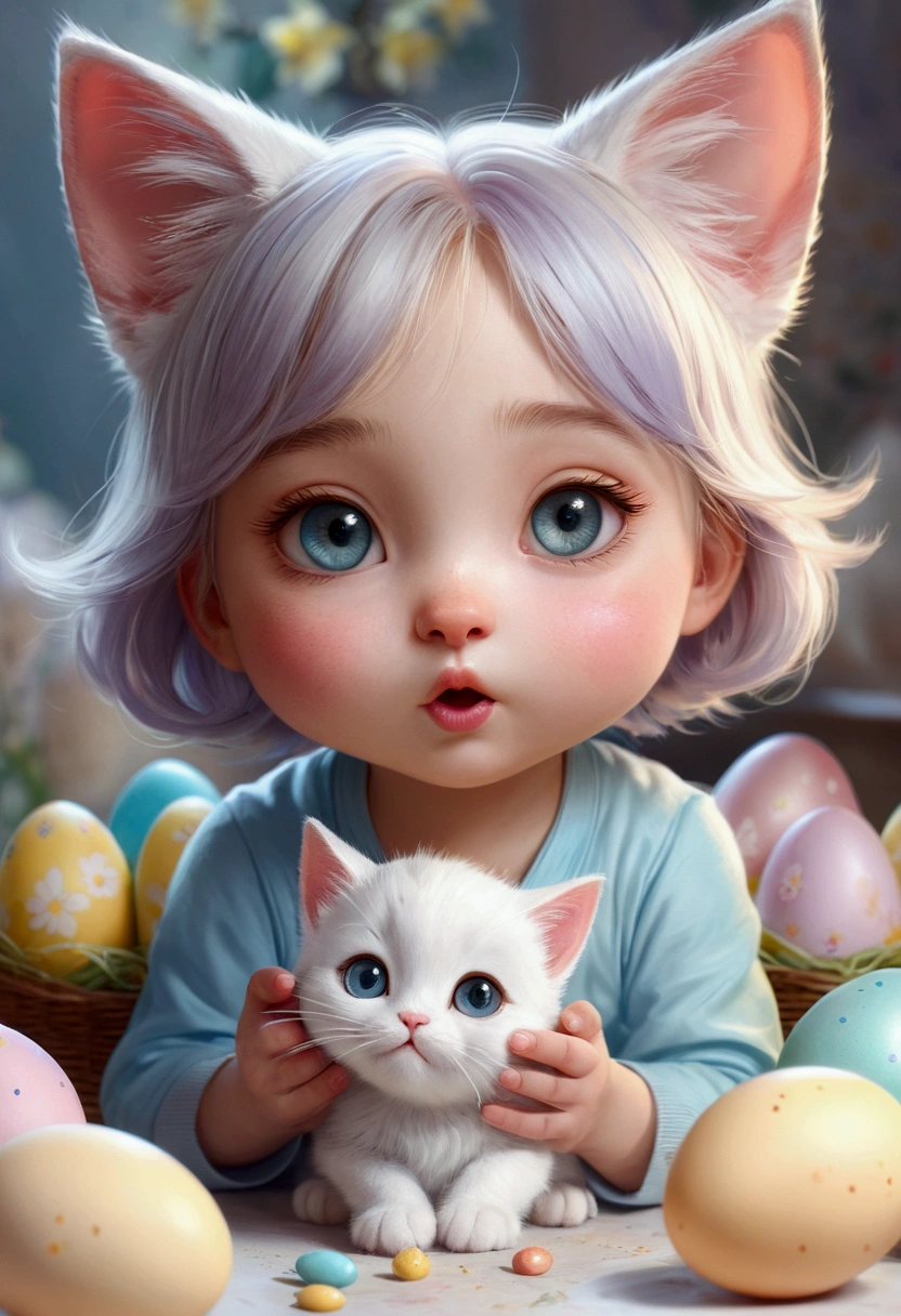 Beautiful  with dreamy eyes, Little cat, Volumetric Light, Ultra-realistic, Intricate details, shape, Painting, watercolor, Cute Chibi, Eating Easter eggs, ah!, Shallow depth of field, Pastel Color Palette, Soft lighting, minimum, Modern, Digital Painting, Lois van Baerle、Ross Tran、Art by artgerm, Artstation HQのトレンド, Very detailed，Sleep，Are sleeping