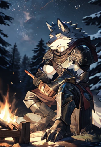 solo, kemono, (wolf), anthro, male, ((white body)), scales, tail, muscles, handsome, yellow eyes,armor, medieval, fantasy, outdoors, outside, dark, night, forest, campfire, camp, stars, sitting, toe claws, epic, depth of field, perfect lighting, (light particles),(best quality),(masterpiece),(ultra detailed),sharp focus,light particles