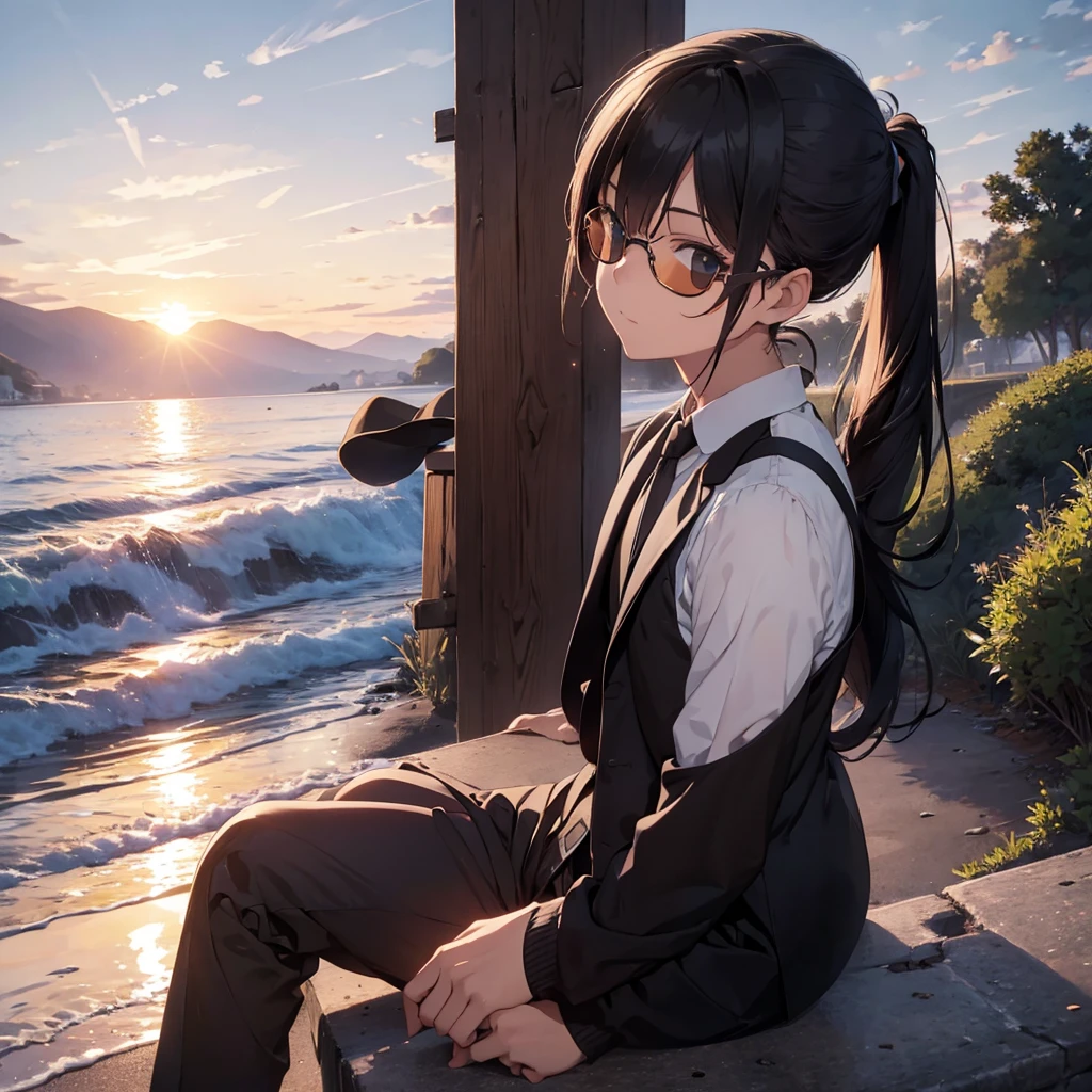 Draw a boy in a black suit, Sunglasses, Hair with ponytail, with straw hat, sitting watching the sunset 