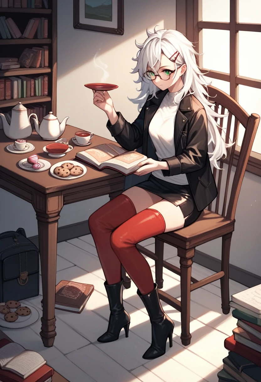 score_9, score_8_up, score_7_up, score_6_up, score_5_up, score_4_up, source_anime, 1girl, full body, sit, white hair, long hair, green eyes, glasses, hairpins, reading book, messy hair, white shirt, leather jacket, skirt, red thigh high boots, heels, evening, table, tea, bookcase, cookies, candies, plates, dungeon, best quality, best res, 4K UHD,