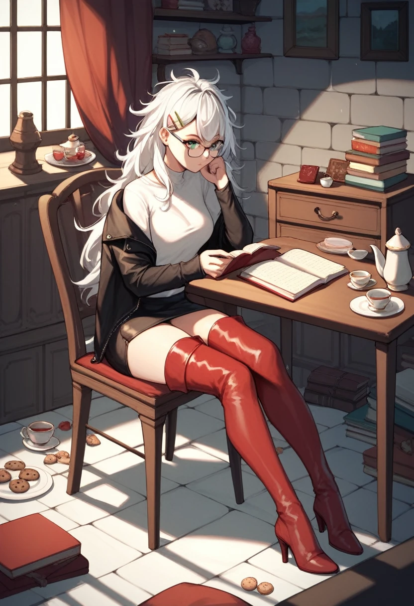 score_9, score_8_up, score_7_up, score_6_up, score_5_up, score_4_up, source_anime, 1girl, full body, sit, white hair, long hair, green eyes, glasses, hairpins, reading book, messy hair, white shirt, leather jacket, skirt, red thigh high boots, heels, evening, table, tea, bookcase, cookies, candies, plates, dungeon, best quality, best res, 4K UHD,