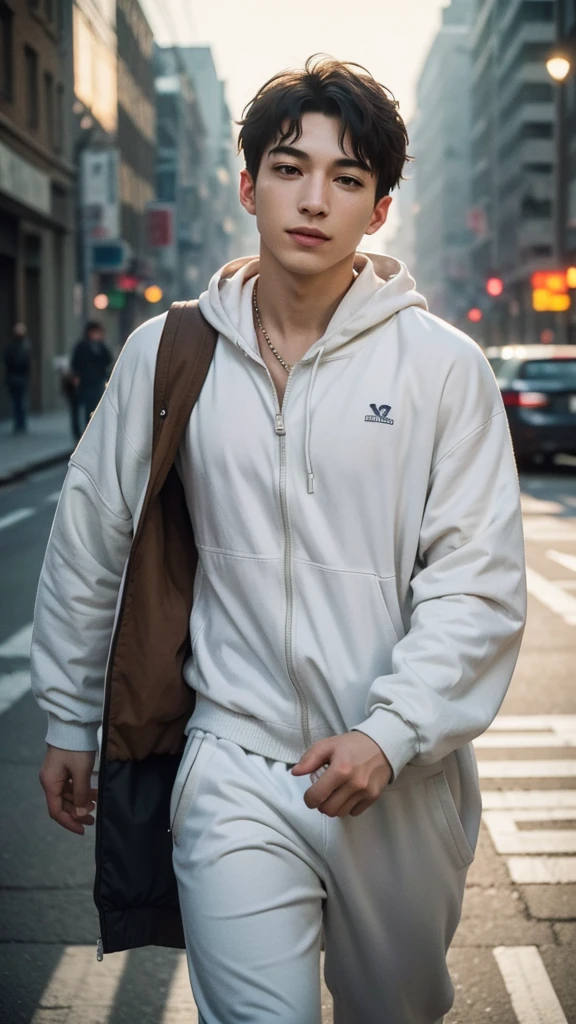 Ezra Miller, a realistic photo of man in a worn out dress ((White tracksuit)), ((bokeh clear)), intricate, (steel metal [rust]), chic, sharp focus, photo by greg rutkowski, soft lighting, swirly vibrant colors, (work of art), ((streets)), (face detailed), looking ahead at viewer, drlight smile, natta, walking towards the viewer, cinematic lighting, beautiful lighting, cinematic lighting, (hazy filter, film grain:1.2)
