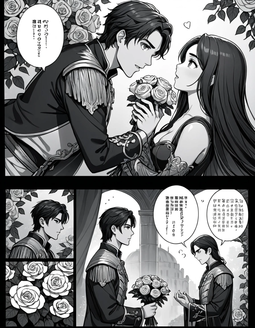 (8k, best quality, master piece: 1.2),super high resolution,ultra-detailed face,deep detailed eyes,A page of a black and white comic book divided into frames、One Western man and one Western woman are Romeo and Juliet、A princess falls in love with a prince,The prince kneels and hands the standing princess a bouquet of roses,speech bubble、Powerful boy manga style