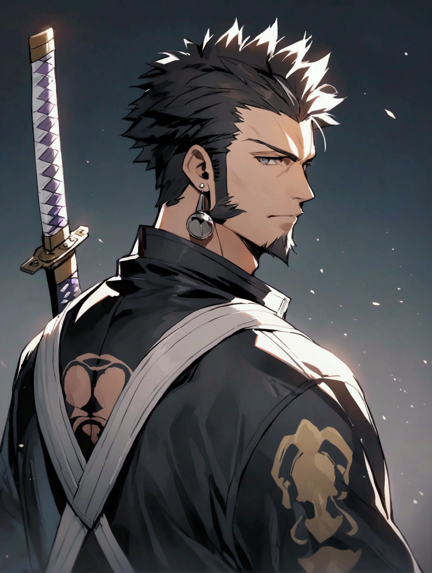 solo, looking at viewer, short hair, black hair, long sleeves, 1boy, hat, jewelry, closed mouth, jacket, upper body, weapon, male focus, earrings, sword, coat, grey eyes, tattoo, facial hair, katana, sheath, beard, black coat, sheathed, sideburns, goatee, long sideburns, weapon on back, hand tattoo, trafalgar law