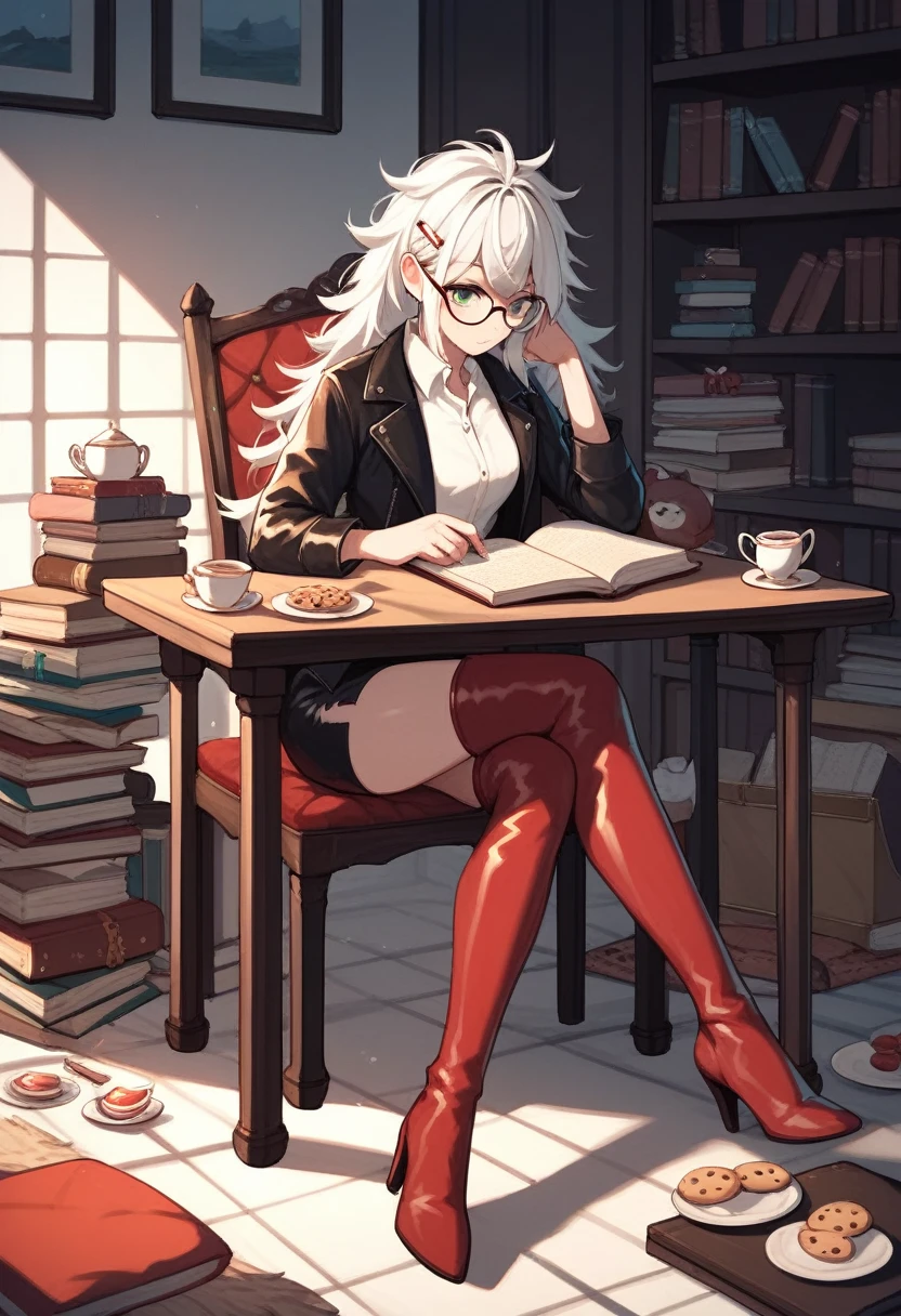 score_9, score_8_up, score_7_up, score_6_up, score_5_up, score_4_up, source_anime, 1girl, full body, sit, white hair, long hair, green eyes, glasses, hairpins, reading book, messy hair, white shirt, leather jacket, skirt, red thigh high boots, heels, evening, table, tea, bookcase, cookies, candies, plates, dungeon, best quality, best res, 4K UHD,