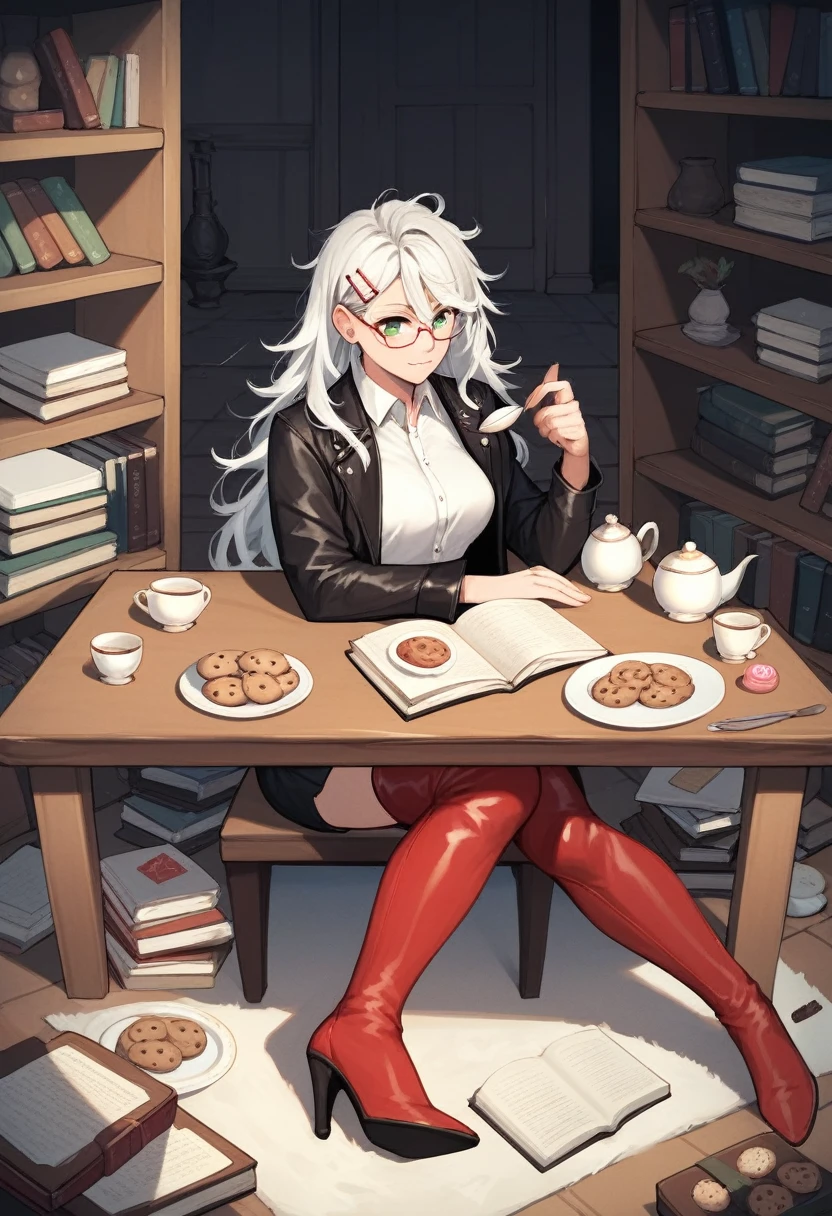 score_9, score_8_up, score_7_up, score_6_up, score_5_up, score_4_up, source_anime, 1girl, full body, sit, white hair, long hair, green eyes, glasses, hairpins, reading book, messy hair, white shirt, leather jacket, skirt, red thigh high boots, heels, evening, table, tea, bookcase, cookies, candies, plates, dungeon, best quality, best res, 4K UHD,