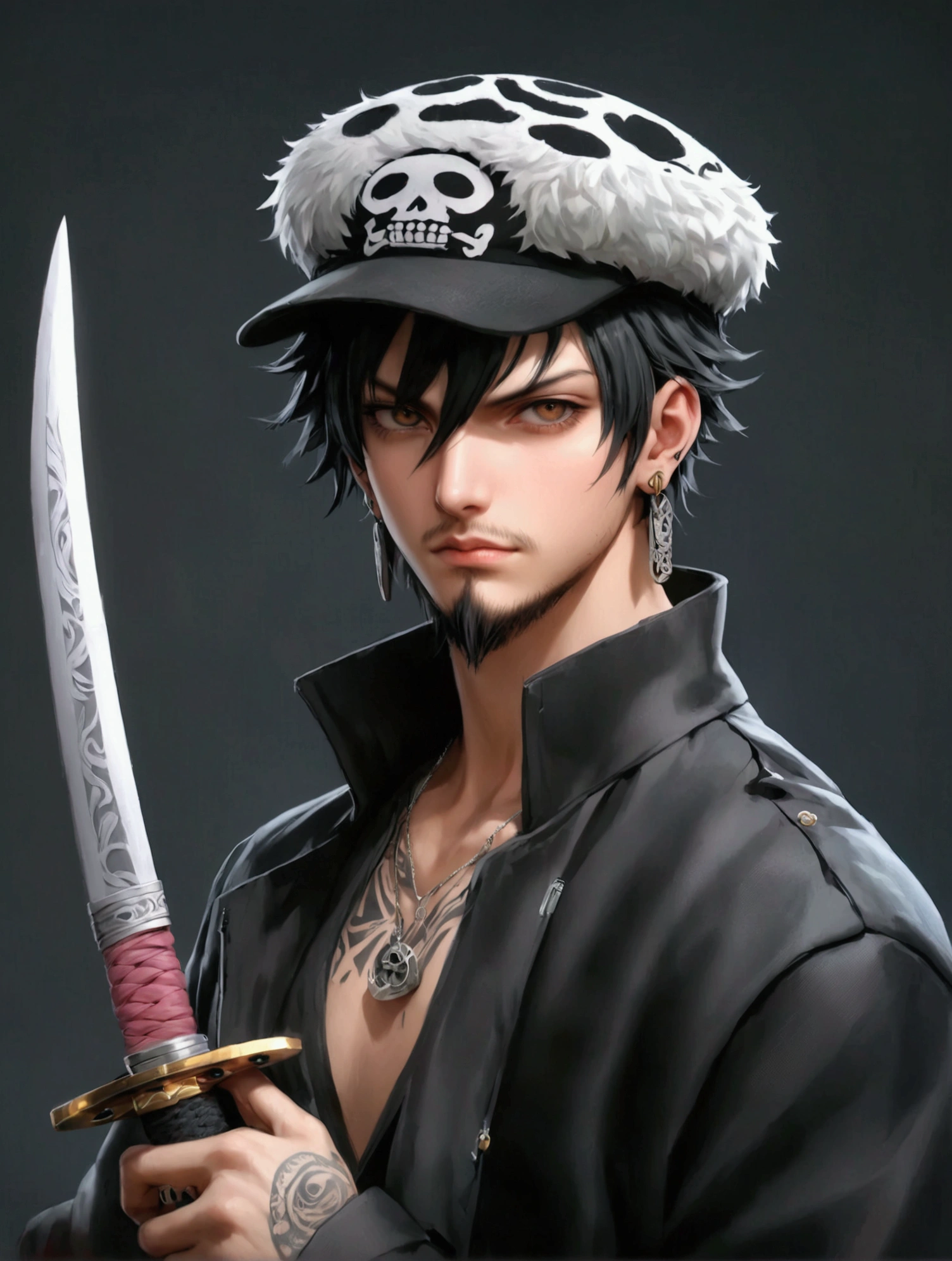 solo, looking at viewer, short hair, black hair, long sleeves, 1boy, hat, jewelry, closed mouth, jacket, upper body, weapon, male focus, earrings, sword, coat, grey eyes, tattoo, facial hair, katana, sheath, beard, black coat, sheathed, sideburns, goatee, long sideburns, weapon on back, hand tattoo, trafalgar law