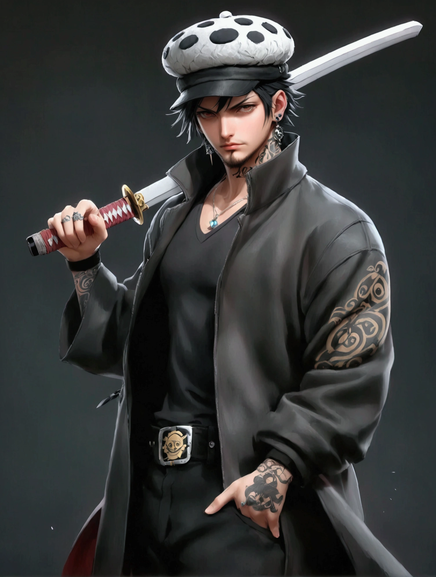 solo, looking at viewer, short hair, black hair, long sleeves, 1boy, hat, jewelry, closed mouth, jacket, upper body, weapon, male focus, earrings, sword, coat, grey eyes, tattoo, facial hair, katana, sheath, beard, black coat, sheathed, sideburns, goatee, long sideburns, weapon on back, hand tattoo, trafalgar law