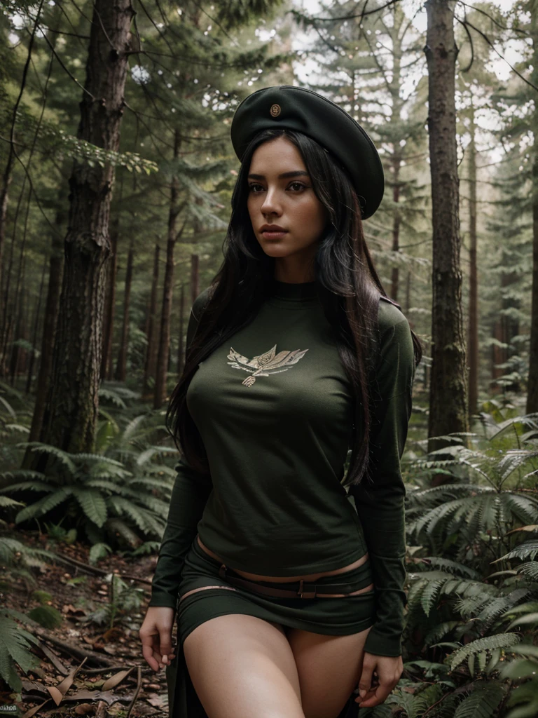 a beautiful woman with long black hair, wearing military uniform, with a discovery hat, in a forest, with aa t-shirt (boobs) (best quality,4k,8k,highres,masterpiece:1.2),ultra-detailed,(realistic,photorealistic,photo-realistic:1.37),highly detailed portrait, intricate details, stunning scenery, dramatic lighting, cinematic composition, vibrant colors, lush foliage, moody atmosphere