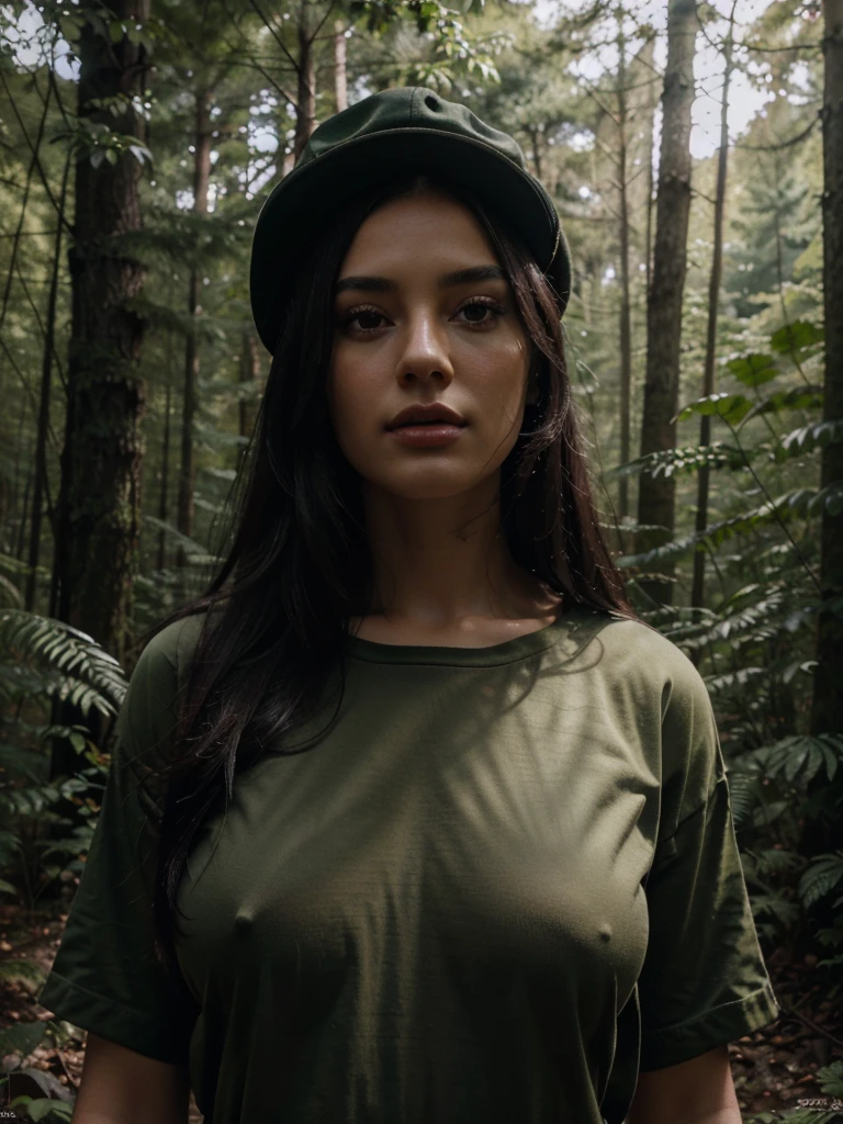 a beautiful woman with long black hair, wearing military uniform, with a discovery hat, in a forest, with aa t-shirt (boobs) (best quality,4k,8k,highres,masterpiece:1.2),ultra-detailed,(realistic,photorealistic,photo-realistic:1.37),highly detailed portrait, intricate details, stunning scenery, dramatic lighting, cinematic composition, vibrant colors, lush foliage, moody atmosphere