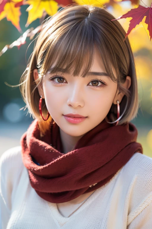 (RAW Photos), Overall image、Thick white sweater、Red scarf on neck、long earrings、Long eyelashes、Round eyes、Cheek on ear、correct、make、smile、Put your mouth in、((Wink))、Soft lips、誘惑的なsmile、Sparkle、Darker lipstick、Cheek on nose、(Autumn leaves)、((Watery eyes))、Asymmetrical Hair、Real Skin、Blonde Hair、Very realistic,Gray Hair、Messy Hair、Hair behind the ear、Floating Hair、short hair、Boyish hair、Blunt bangs、Surrealism、Drop Shadow、Anaglyph、Stereogram、Hyperrealism、Contemporary Art、shine、reflected light、Nikon、Ultra Wide Angle、16K、Super detailed、最high quality、uhd、Anatomically correct、Awards、最high quality、Ultra high detail、high quality、High resolution、Textured skin、correct、masterpiece、