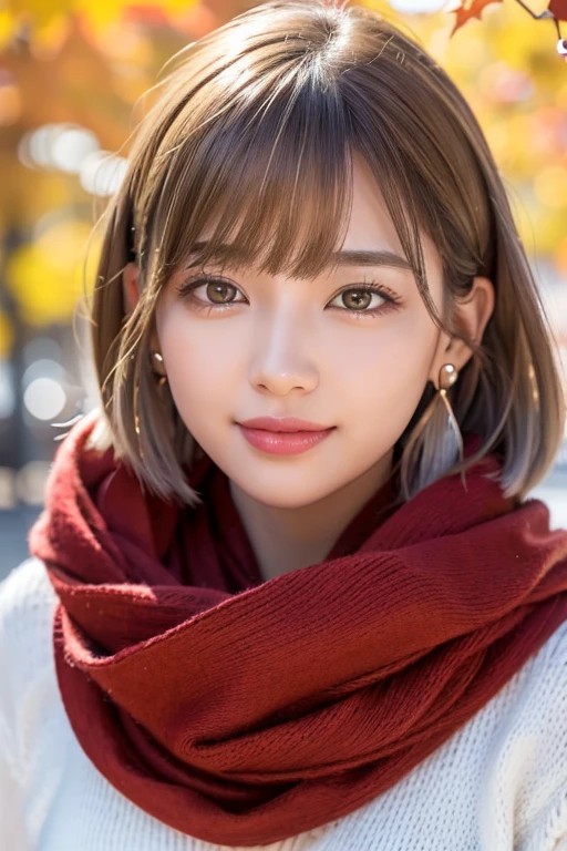 (RAW Photos), Overall image、Thick white sweater、Red scarf on neck、long earrings、Long eyelashes、Round eyes、Cheek on ear、correct、make、smile、Put your mouth in、（(Wink))、Soft lips、誘惑的なsmile、Sparkle、Darker lipstick、Cheek on nose、(Autumn leaves)、((Watery eyes))、Asymmetrical Hair、Real Skin、Blonde Hair、Very realistic,Gray Hair、Messy Hair、Hair behind the ear、Floating Hair、short hair、Boyish hair、Blunt bangs、Surrealism、Drop Shadow、Anaglyph、Stereogram、Hyperrealism、Contemporary Art、shine、reflected light、Nikon、Ultra Wide Angle、16K、Super detailed、最high quality、uhd、Anatomically correct、Awards、最high quality、Ultra high detail、high quality、High resolution、Textured skin、correct、masterpiece、