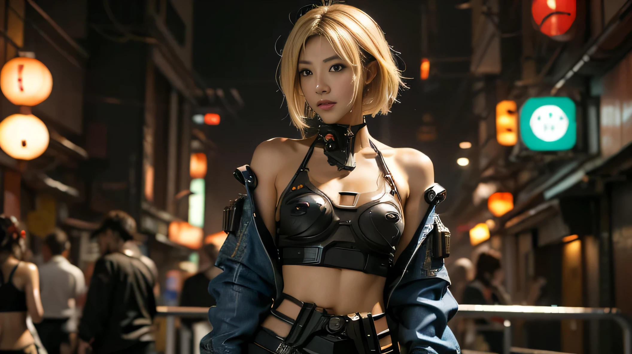 (photo realistic1.2),ultra detailed,(8K),(1girl),(cyberpunk:1.5),(ruins),(bed),Matte clothing,(cyberpunk costume:1.5),Futuristic Weapons,Future Items,Goggles of the Future,topless, (small nipples), (big breasts: 1.2),nude gravure, beautiful Japanese, clothes in disarray,earrings,(from above),looking at viewer,(lying down pose),(embarrassed),bust shot,(blonde),(short hair),24years old,