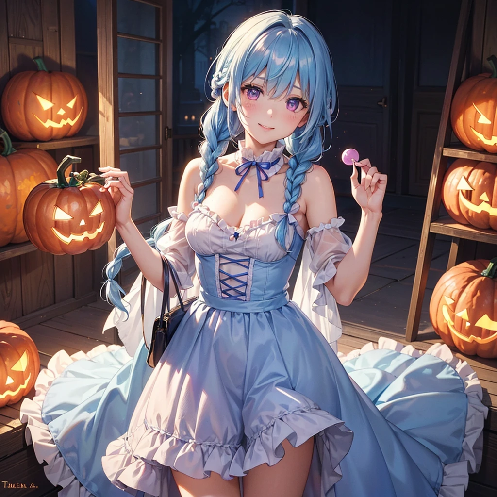 (Light blue medium hair),(Braided hair tied together)、Pink eyes、Fair skin、cowboy shot、Halloween、The background is a pumpkin ghost、Trick or Treat、Lollipop、Cosplay、Bunny girl、A surprising smile、A dignified figure、solo、(masterpiece、Highest quality、Very detailed、Best Shadow)、(Detailed Background)、(Beautifully detailed face)、High contrast、(Best lighting、Very delicate and beautiful)、((Cinematic Light))、colorful、Hyper Detail、Dramatic Light、Exquisite detail、