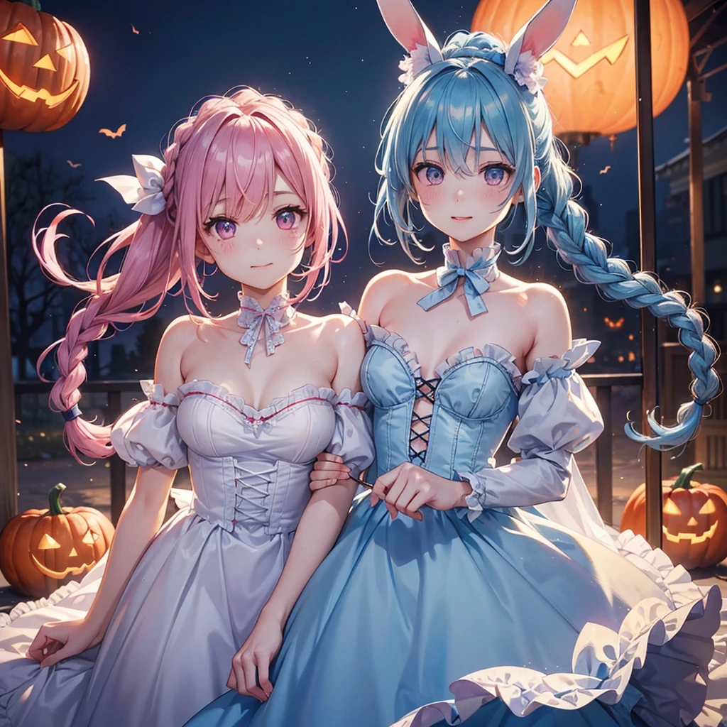 (Light blue medium hair),(Braided hair tied together)、Pink eyes、Fair skin、cowboy shot、Halloween、The background is a pumpkin ghost、Trick or Treat、A lot of sweets、witch、Halloween night party、Candy、Cosplay、A surprising smile、solo、(masterpiece、Highest quality、Very detailed、Best Shadow)、(Detailed Background)、(Beautifully detailed face)、High contrast、(Best lighting、Very delicate and beautiful)、(Cinematic Light)、colorful、Hyper Detail、Dramatic Light、Exquisite detail、