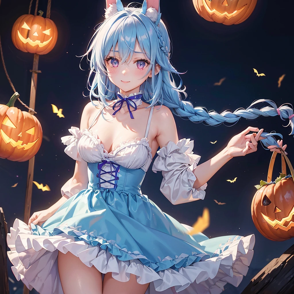 (Light blue medium hair),(Braided hair tied together)、Pink eyes、Fair skin、cowboy shot、Halloween、The background is a pumpkin ghost、Trick or Treat、Lollipop、Cosplay、Bunny girl、A surprising smile、A dignified figure、solo、(masterpiece、Highest quality、Very detailed、Best Shadow)、(Detailed Background)、(Beautifully detailed face)、High contrast、(Best lighting、Very delicate and beautiful)、((Cinematic Light))、colorful、Hyper Detail、Dramatic Light、Exquisite detail、