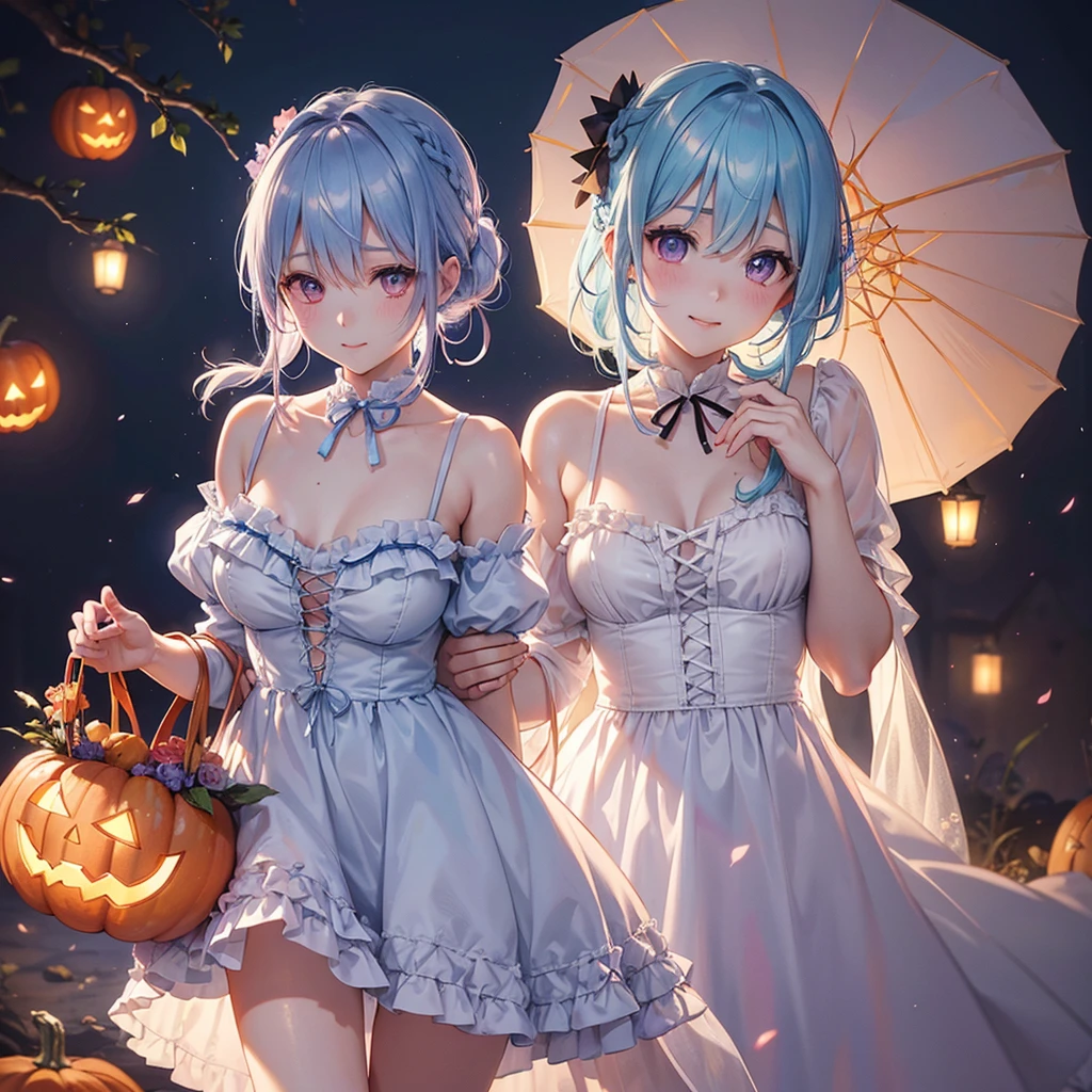 (Light blue medium hair),(Braided hair tied together)、Pink eyes、Fair skin、cowboy shot、Halloween、The background is a pumpkin ghost、Trick or Treat、Lollipop、Cosplay、Bunny girl、A surprising smile、A dignified figure、solo、(masterpiece、Highest quality、Very detailed、Best Shadow)、(Detailed Background)、(Beautifully detailed face)、High contrast、(Best lighting、Very delicate and beautiful)、((Cinematic Light))、colorful、Hyper Detail、Dramatic Light、Exquisite detail、