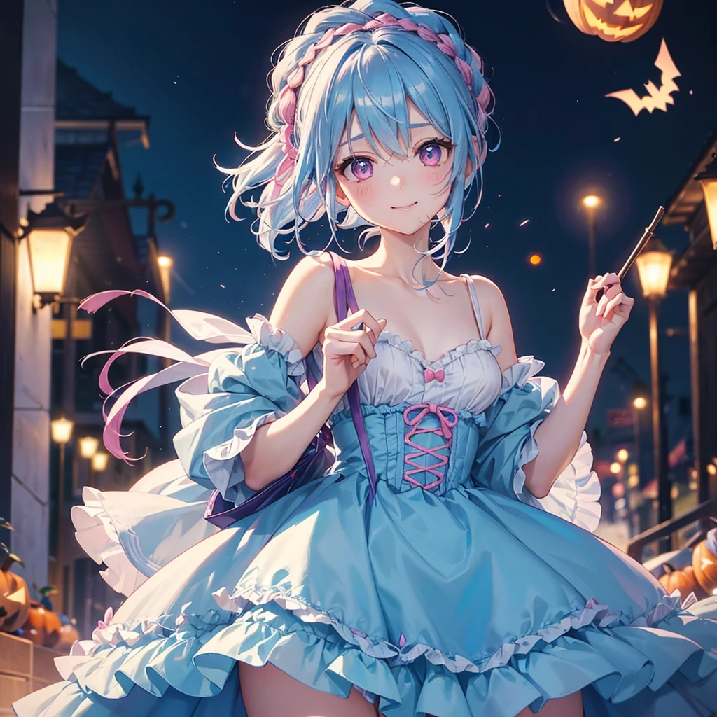(Light blue medium hair),(Braided hair tied together)、Pink eyes、Fair skin、cowboy shot、Halloween、The background is a pumpkin ghost、Trick or Treat、Lollipop、Cosplay、Bunny girl、A surprising smile、A dignified figure、solo、(masterpiece、Highest quality、Very detailed、Best Shadow)、(Detailed Background)、(Beautifully detailed face)、High contrast、(Best lighting、Very delicate and beautiful)、((Cinematic Light))、colorful、Hyper Detail、Dramatic Light、Exquisite detail、