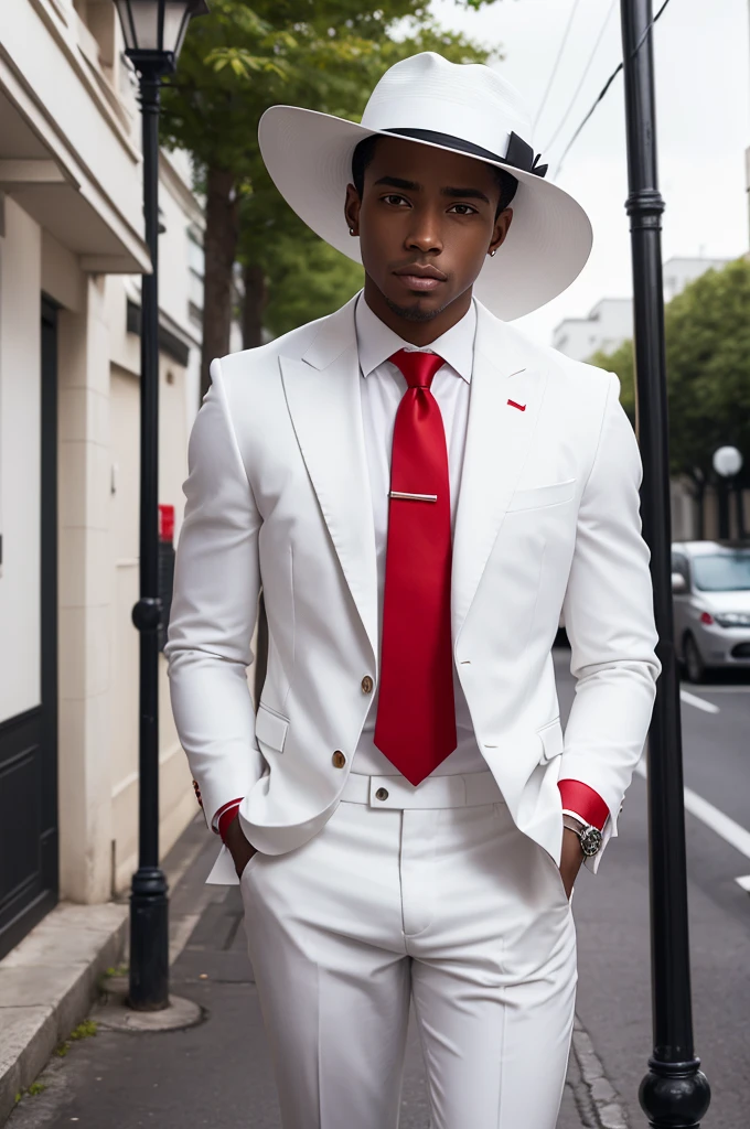 man in white suit and red tie, dark-skinned, hat with red ribbon near a lamppost