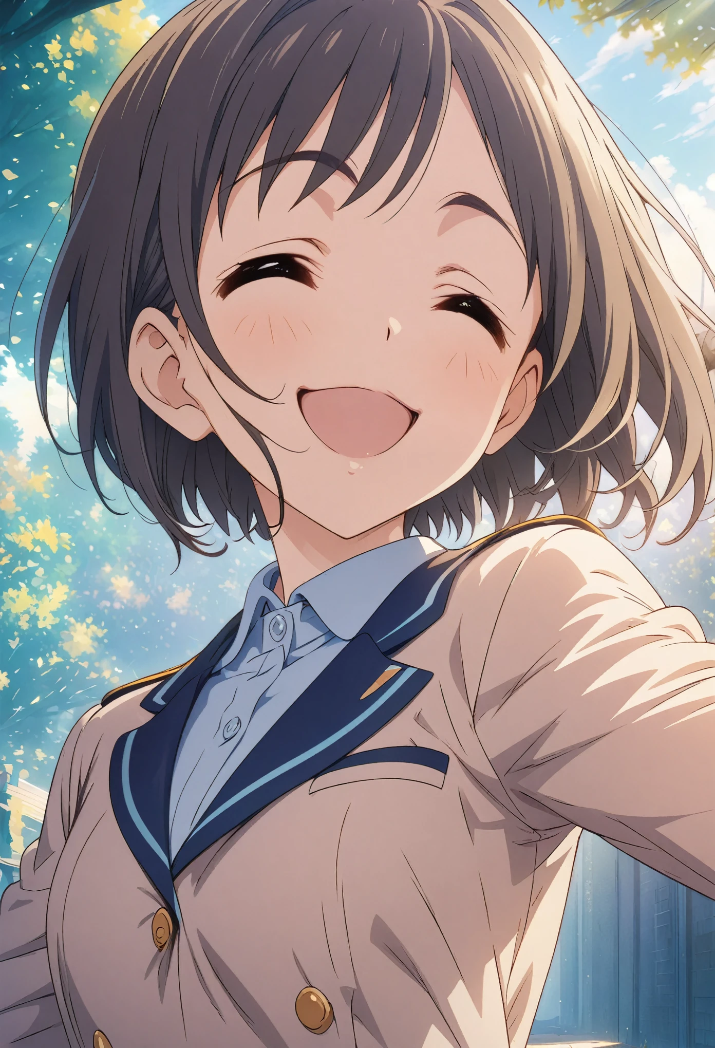 masterpiece, Highest quality, Highly detailed CG Unity 8K wallpapers, High School Girl Anime Illustration. Wearing a uniform、she has her eyes closed and mouth open, smile. The background is a light pastel colored landscape