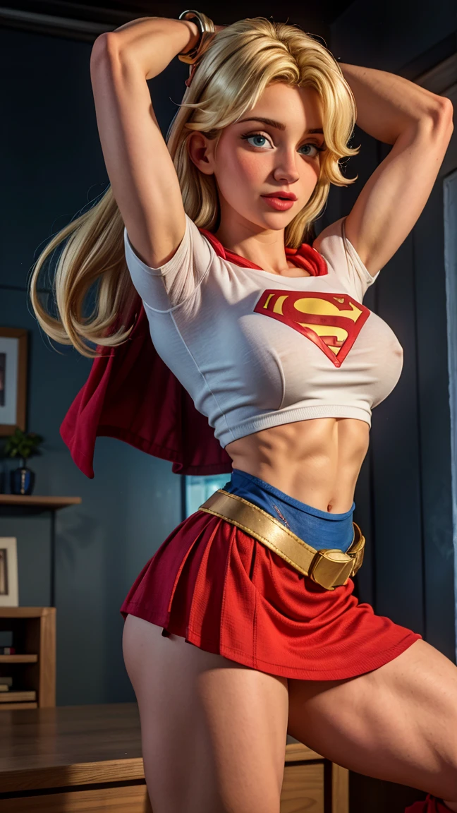 8K, Ultra HD, Super details, high quality, High resolution. The heroine Supergirl looks beautiful in a full-length photo, her body is sculptural, her long wavy blonde hair is radiant in a perfect combination with her white skin, her bright blonde eyes mesmerize everyone. She is wearing her heroine outfit, a red skirt with a yellow belt, a very tight blue t-shirt with a big red S on the chest, Elta also wears a red cape and red boots. she looks very sexy drawing attention to her big breasts and thick legs as she flies through the sky