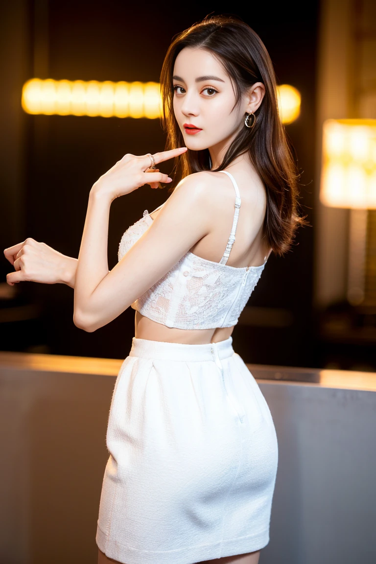 ((top quality、8k、Masterpiece:1.3))、Extremely delicate beautiful girl,huge breasts,bigger breasts,amazing breast size,G cup,Sunset。Wear big earrings,The skin is very white,moist red lips,Waist is very thin,Thighs are very thin,BIG ASS,exposed,fair and smooth skin,Smooth and fair skin,flawless skin,Fair and shiny skin,cold white skin,The camera focuses on the chest,bright light,White tube top dress,transparent skirt,Openwork skirt,Exposed shoulders,white hair,The hair is gray,Fully exposed back,Fully exposed back,Smooth white back,turn around