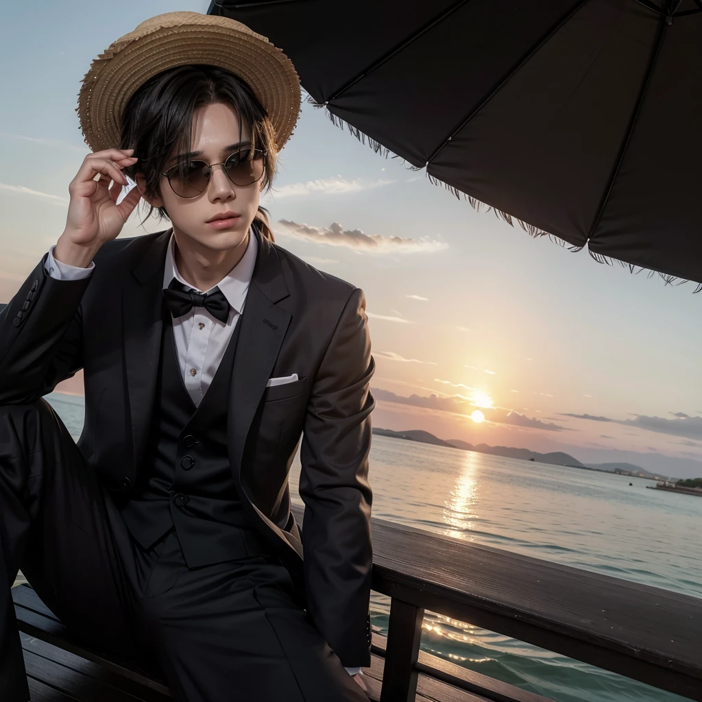 Draw a boy in a black suit, Sunglasses, Hair with ponytail, with straw hat, sitting watching the sunset anime style