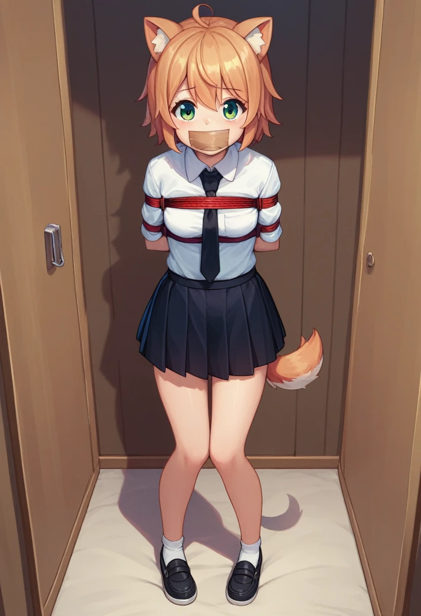 (Solo:1.3), Female Shikabane, cute face, cute body, standing in a dimly lit closet, jitome, (solo:1.3), highly detailed, black high top shoes, (short small cute tail:1.2), (only one cute tail:1.2), high resolution, bare legs, by hyattlen, by teranen, by fumiko, depressed, white shirt, black tie, black skirt, (by Kilinah, by Coffeesoda, by Hioshiru, by Kilinah), tape mouth gag, legs tied up with tape, hands tied up with tape, front view