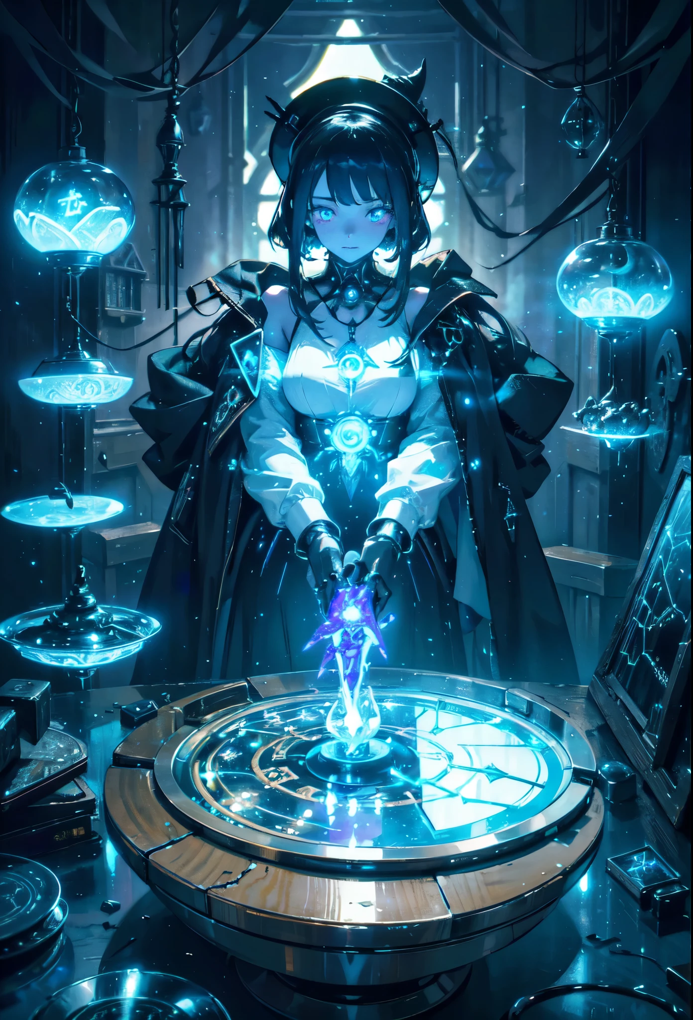 depicts a modern-day witch who has embraced the world of cybernetics to enhance her magical abilities. The artwork should convey the enchanting blend of traditional witchcraft and futuristic technology. Here are some specific elements to include: The Witch's Lair: The setting should be a cozy yet slightly eerie room, filled with magical books, crystal balls, potion ingredients, and antique furnishings. The room should be dimly lit by candles and a soft, mystical glow emanating from her cybernetic enhancements. The Cyborg Witch: The central focus of the artwork is the witch herself. She's a striking figure with a mix of traditional witch attire and cybernetic enhancements. Her clothing should have a witchy, occult aesthetic, with flowing robes, a pointed hat, and an intricate pentagram necklace. Her arms, however, have been upgraded with cybernetic components that incorporate magical symbols and glowing runes. Magical Interface: The witch is in the midst of casting a spell, with a holographic, touch-screen interface floating before her. This interface includes spell incantations, arcane symbols, and digital components, demonstrating her fusion of magic and technology. Spell Ingredients: On a nearby table, there should be a collection of spell ingredients, like herbs, potions, and magical artifacts. Some of these items may have been modified with cybernetic enhancements, blurring the line between the natural and the technological. Familiar: The witch's familiar, perhaps a cat or raven, should be present in the scene, serving as her magical companion. The familiar could also have subtle cybernetic enhancements or glowing eyes. Glowing Runes: The room should be adorned with ancient symbols and glowing runes on the walls and floor, contributing to the magical atmosphere. Aetherial Lighting: Use a combination of mystical, ethereal lighting and cybernetic glows to create a captivating interplay of light and shadow. The contrast between the tradit