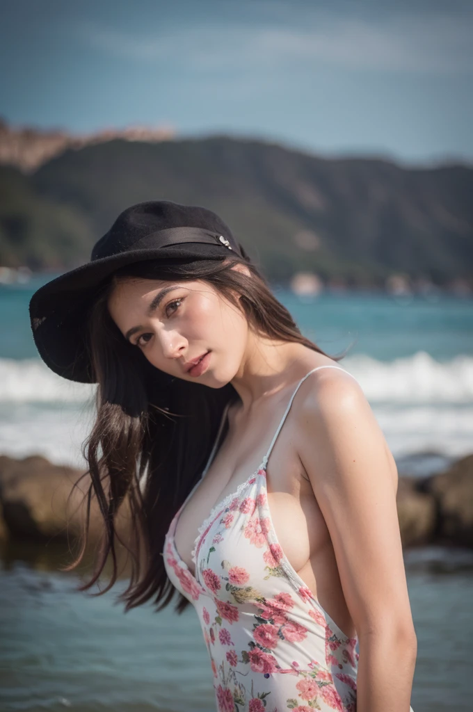 Full-length shot, Best quality, a 25y sweet spain women, wearing floral slip dress, tight breast, hair blowing in the wind, cloche hat, summer, moody atmosphere, beautiful shadow and sunlight, dramatic posing on the beach, submarged with water, kodacrhome, cinematic lighting, masterpiece composition, perfect direct of photography, realistic face and eyes, realistic skin, ultra highly detailed, sharp focus, beautiful film bokeh, surreal view, candid photo, shot by zenit camera with 35mm lens, Portrait by annie leibovitz, in 2024