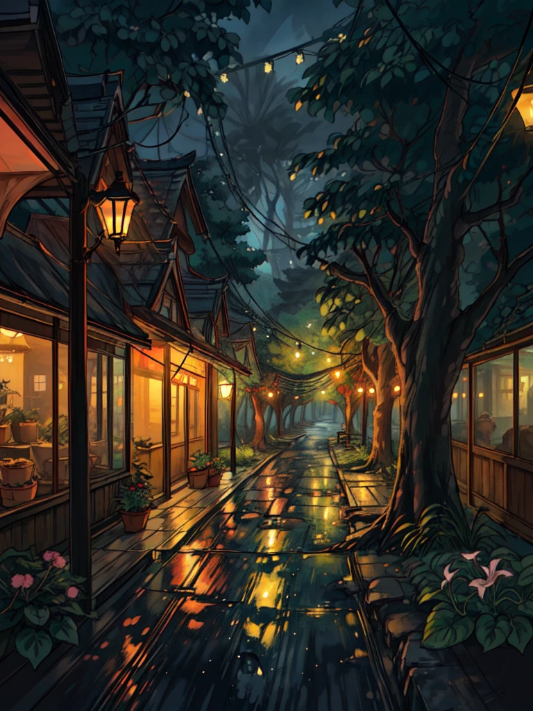 super wide perspective, string lights, hanging pots, ghibli anime scene, coffee shop in the woods, moody weather, leaves falling from tree, light bubble around street light, under a big banyan tree, street light, poles and wires, tropical leafy plant pots, menu board, sign board, long grass with wild flowers, in the middle of nowhere, vibrant color tones, ghibli style, no humans, scenery, masterpiece, high resolution