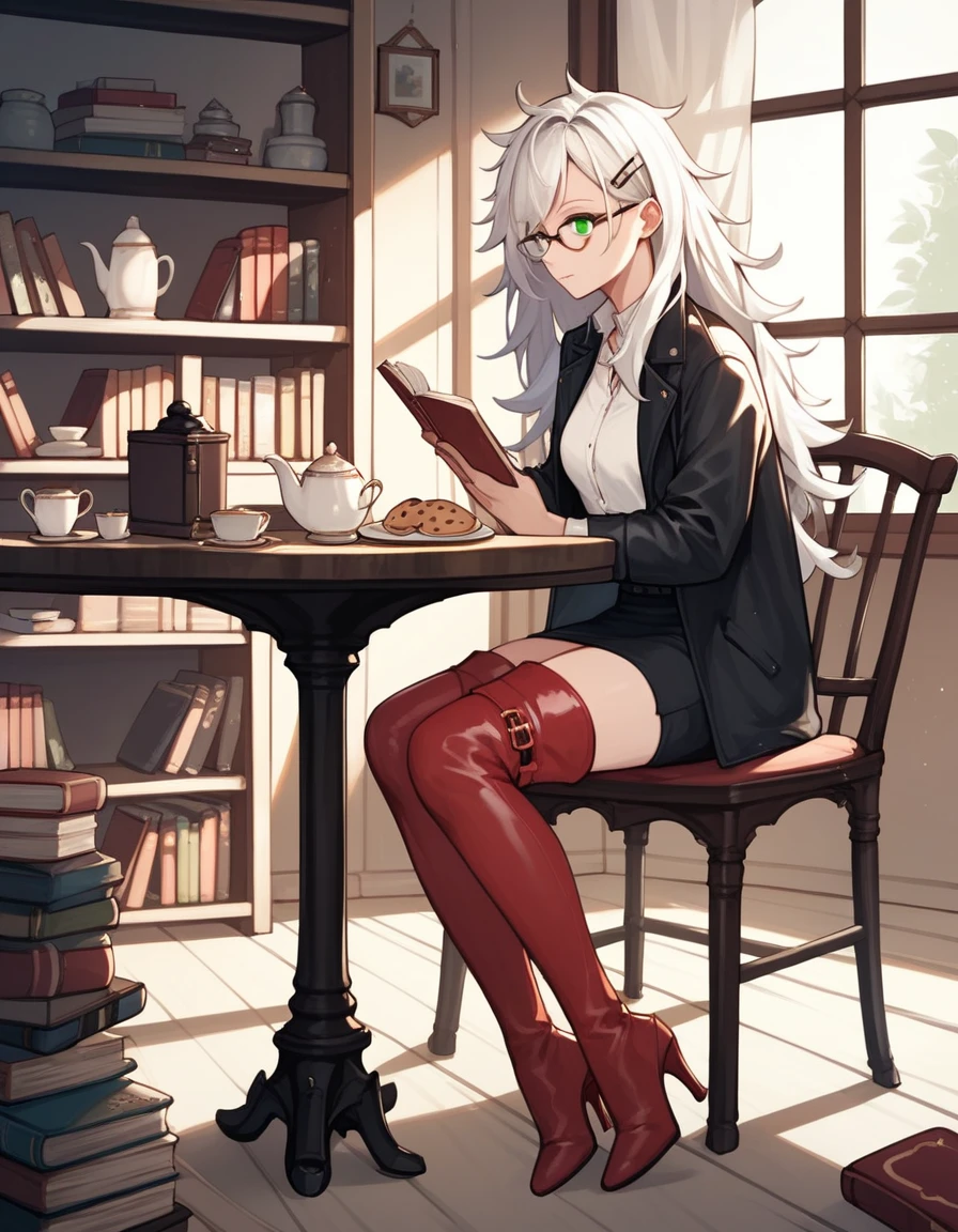 score_9, score_8_up, score_7_up, score_6_up, score_5_up, score_4_up, source_anime, 1girl, full body, sit, white hair, long hair, green eyes, glasses, hairpins, reading book, messy hair, white shirt, leather jacket, skirt, red thigh high boots, heels, evening, table, tea, bookcase, cookies, plates, dungeon, best quality, best res, 4K UHD,