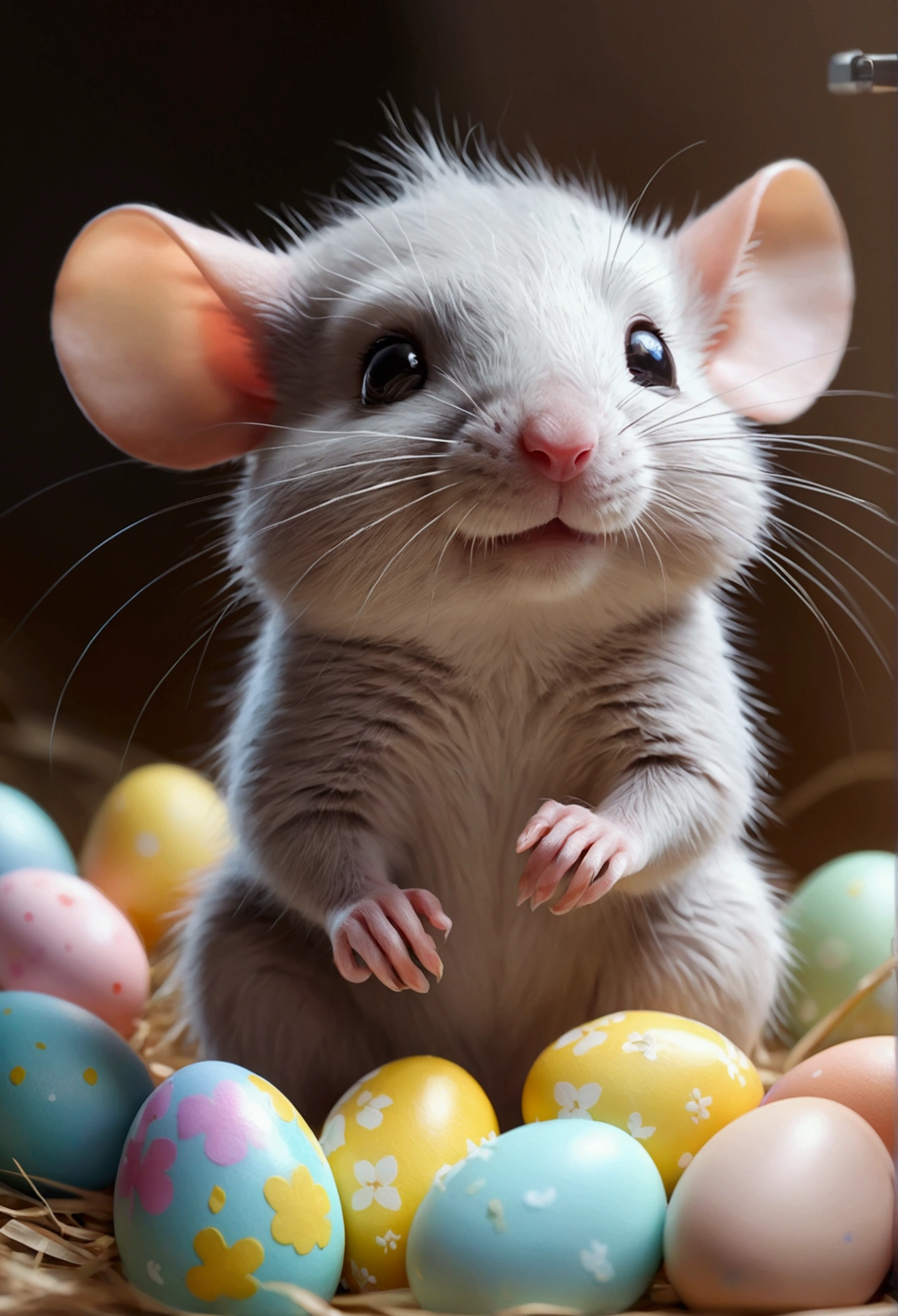 Beautiful  with dreamy eyes, little rat, Volumetric Light, Ultra-realistic, Intricate details, shape, Painting, watercolor, Cute Chibi, Eating Easter eggs, ah!, Shallow depth of field, Pastel Color Palette, Soft lighting, minimum, Modern, Digital Painting, Lois van Baerle、Ross Tran、Art by artgerm, Artstation HQのトレンド, Very detailed，Sleep，Are sleeping