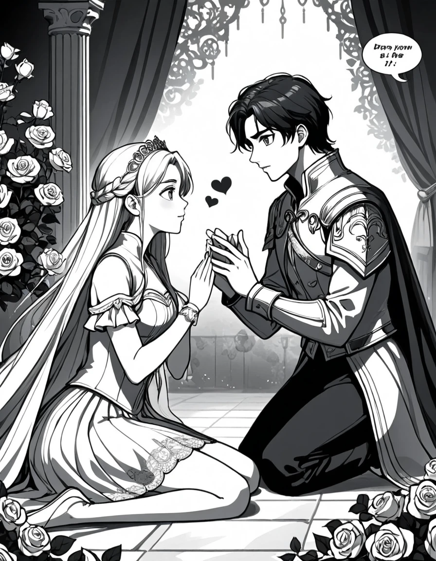 (8k, best quality, master piece: 1.2),super high resolution,ultra-detailed face,deep detailed eyes,A page of a black and white comic book divided into frames、One Western man and one Western woman are Romeo and Juliet、A princess falls in love with a prince,speech bubble、Powerful boy manga style、In the last panel, the prince kneels and hands the princess a bouquet of roses.