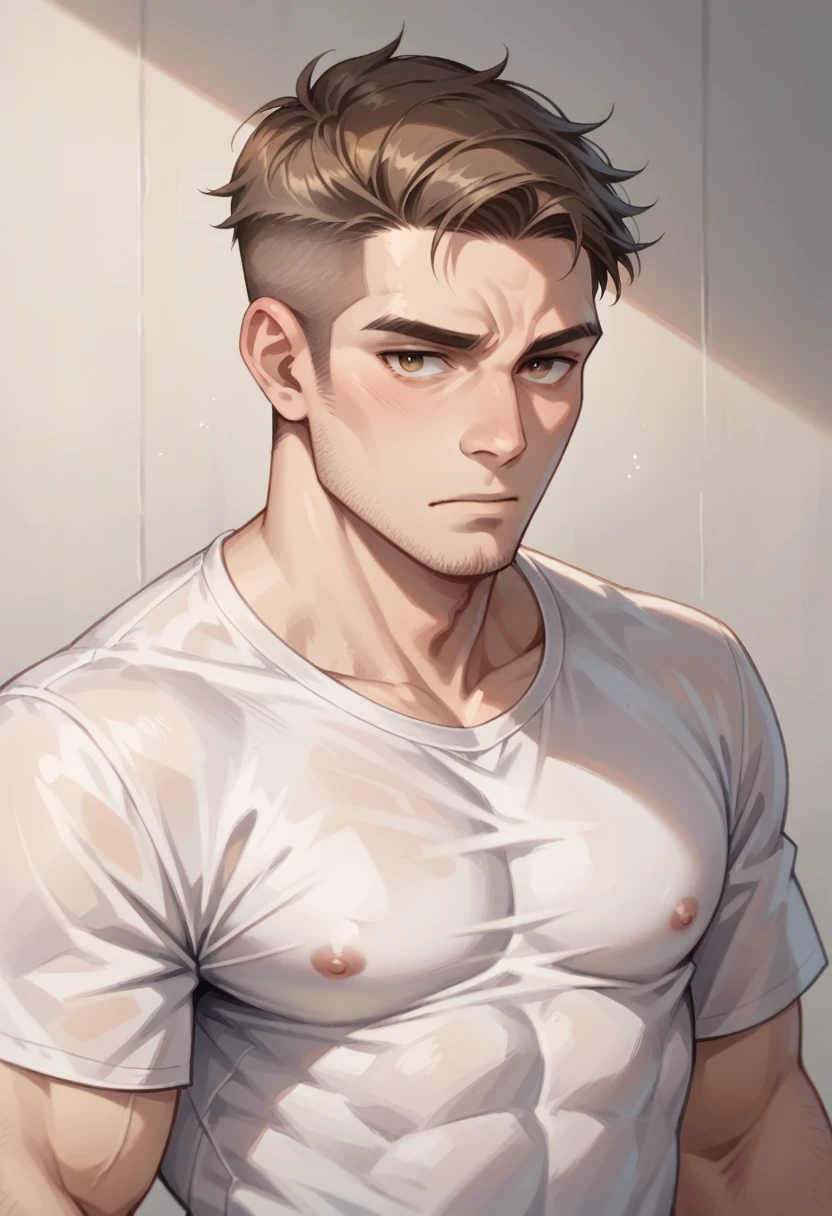  human Male  19 years old  , ((Brown fade haircut)) , white shirt  , 