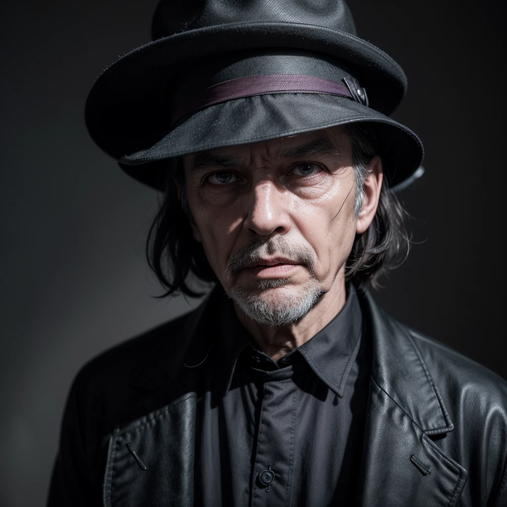 An old man character looking at the camera with an enigmatic appearance, like a dark detective. You can wear a wide-brimmed hat and a long coat, with antique clothes and an ethereal look, ideal for ghost stories, Dark colors, with shades of black, purple and red, and a design reminiscent of Edgar Allan Poe's tales. A stylized and dramatic look, with deep shadows and striking facial expressions. A more realistic avatar with careful details for a more immersive presentation.