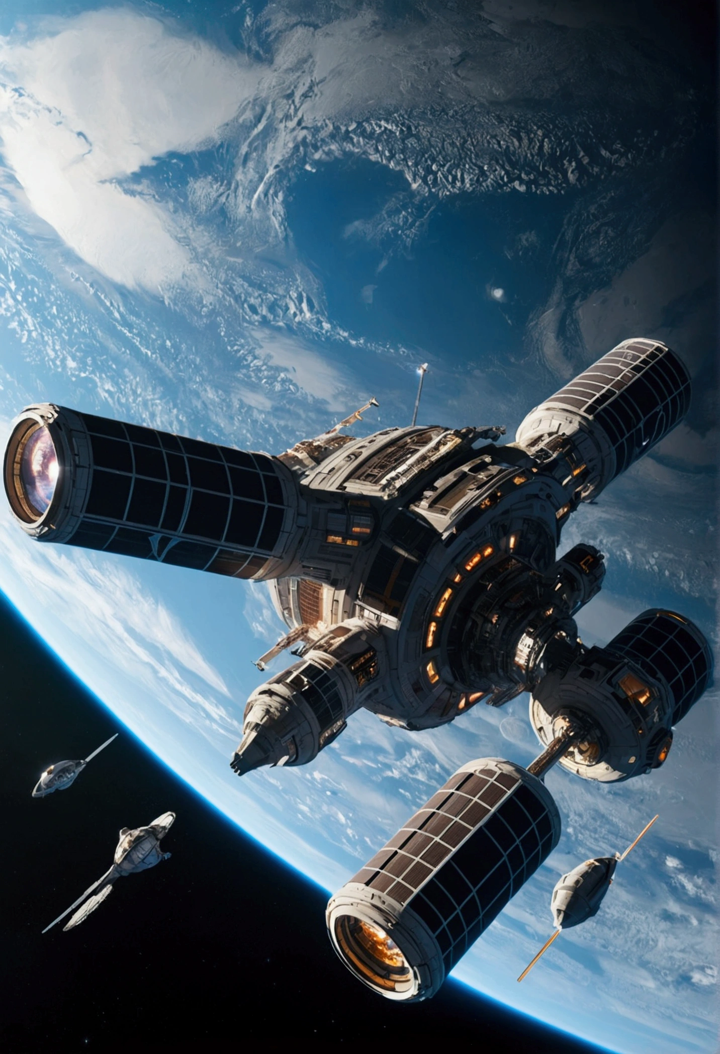 Futuristic space station seen from afar, Full view