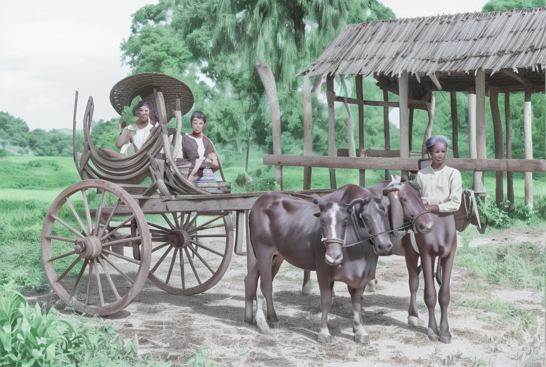 dark brown cows and lush background. wooden cart. earth ground. Sunburned skin