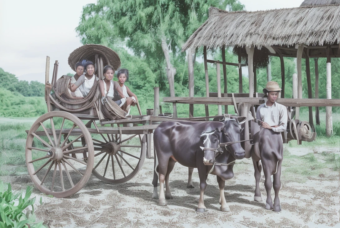 dark brown cows and lush background. wooden cart. earth ground. Sunburned skin