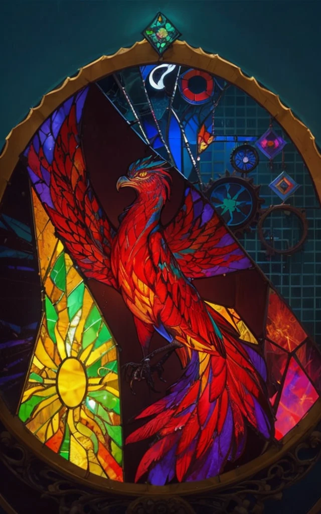 book cover, a phoenix in the center of a broken stained glass window below an hourglass with fire inside, next to gears on the other side a sun and a spiral