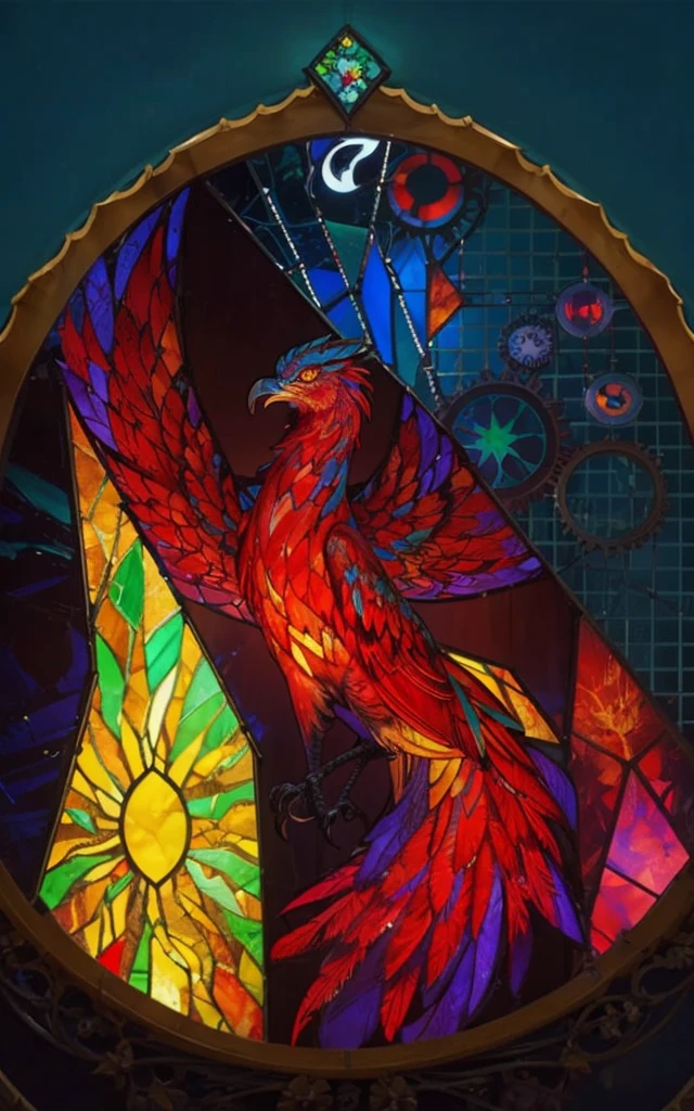 book cover, a phoenix in the center of a broken stained glass window below an hourglass with fire inside, next to gears on the other side a sun and a spiral
