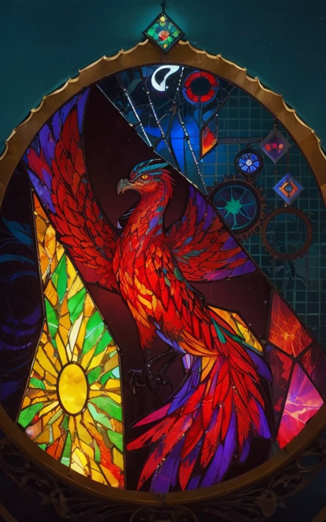 book cover, a phoenix in the center of a broken stained glass window below an hourglass with fire inside, next to gears on the other side a sun and a spiral