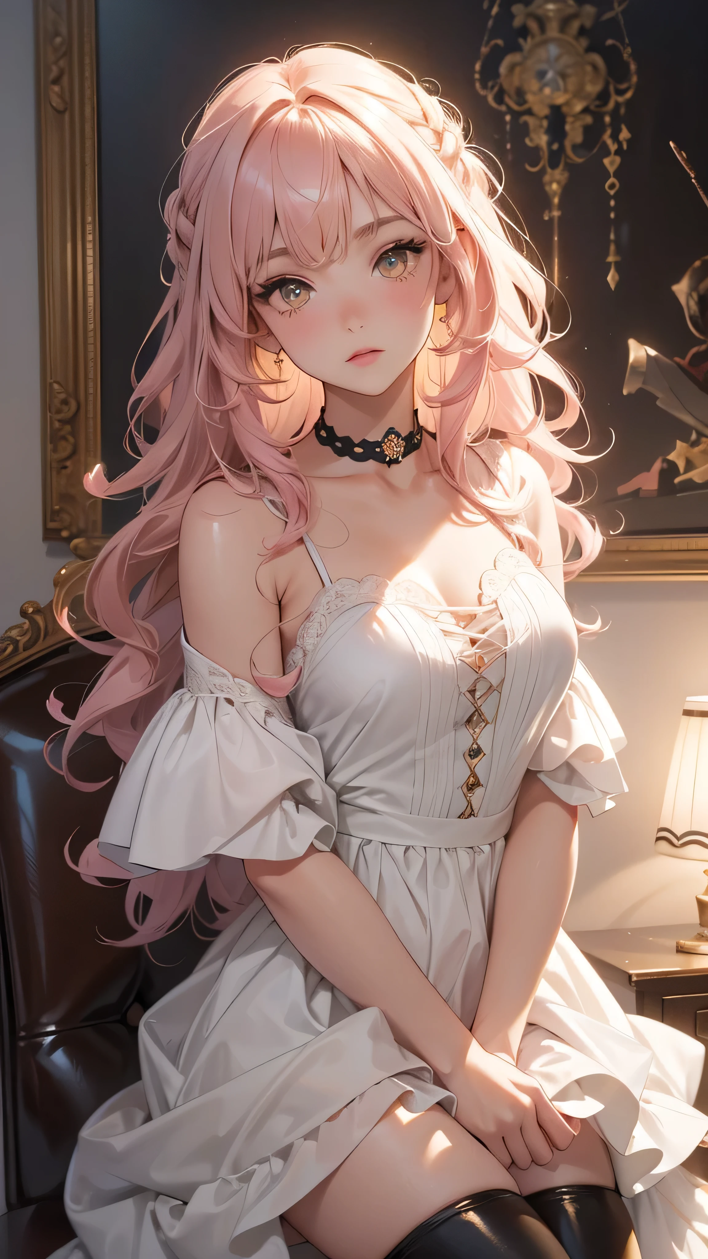 big hair, curly hair ; break; yellow eyes, rosto angelical, gorgeous face, blushed face; rosto ultra detaild; break ; pink and white loose blouse, black leggings, wearing high brown leather boots, choker ; break ; (best qualityer), ((ultra detaild)), (best resolution, ( 4K ) soft strokes, role model, work of art, closes ; break ; (cozy room in the back