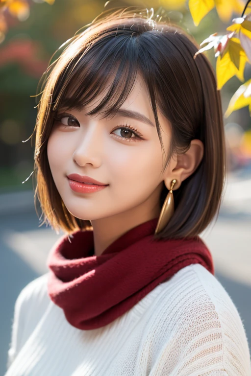 (RAW Photos), Overall image、Thick white sweater、Red scarf on neck、long earrings、Long eyelashes、Round eyes、Cheek on ear、correct、make、smile、Put your mouth in、（(Close one eye and wink))、Soft lips、誘惑的なsmile、Sparkle、Darker lipstick、Cheek on nose、(Autumn leaves)、((Watery eyes))、Asymmetrical Hair、Real Skin、Blonde Hair、Very realistic,Gray Hair、Messy Hair、Hair behind the ear、Floating Hair、short hair、Boyish Hair、Blunt bangs、Drop Shadow、Hyperrealism、Contemporary Art、shine、reflected light、Nikon、Ultra Wide Angle、16K、Super detailed、最high quality、uhd、Anatomically correct、Awards、最high quality、Ultra high detail、high quality、High resolution、Textured skin、correct、masterpiece、