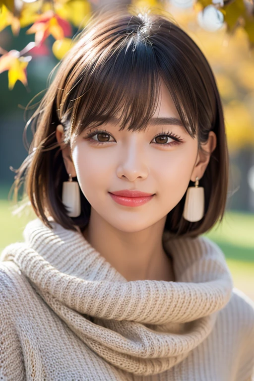 (RAW Photos), Overall image、Thick white sweater、Red scarf on neck、long earrings、Long eyelashes、Round eyes、Cheek on ear、correct、make、smile、Put your mouth in、（(Close one eye and wink))、Soft lips、誘惑的なsmile、Sparkle、Darker lipstick、Cheek on nose、(Autumn leaves)、((Watery eyes))、Asymmetrical Hair、Real Skin、Blonde Hair、Very realistic,Gray Hair、Messy Hair、Hair behind the ear、Floating Hair、short hair、Boyish Hair、Blunt bangs、Drop Shadow、Hyperrealism、Contemporary Art、shine、reflected light、Nikon、Ultra Wide Angle、16K、Super detailed、最high quality、uhd、Anatomically correct、Awards、最high quality、Ultra high detail、high quality、High resolution、Textured skin、correct、masterpiece、