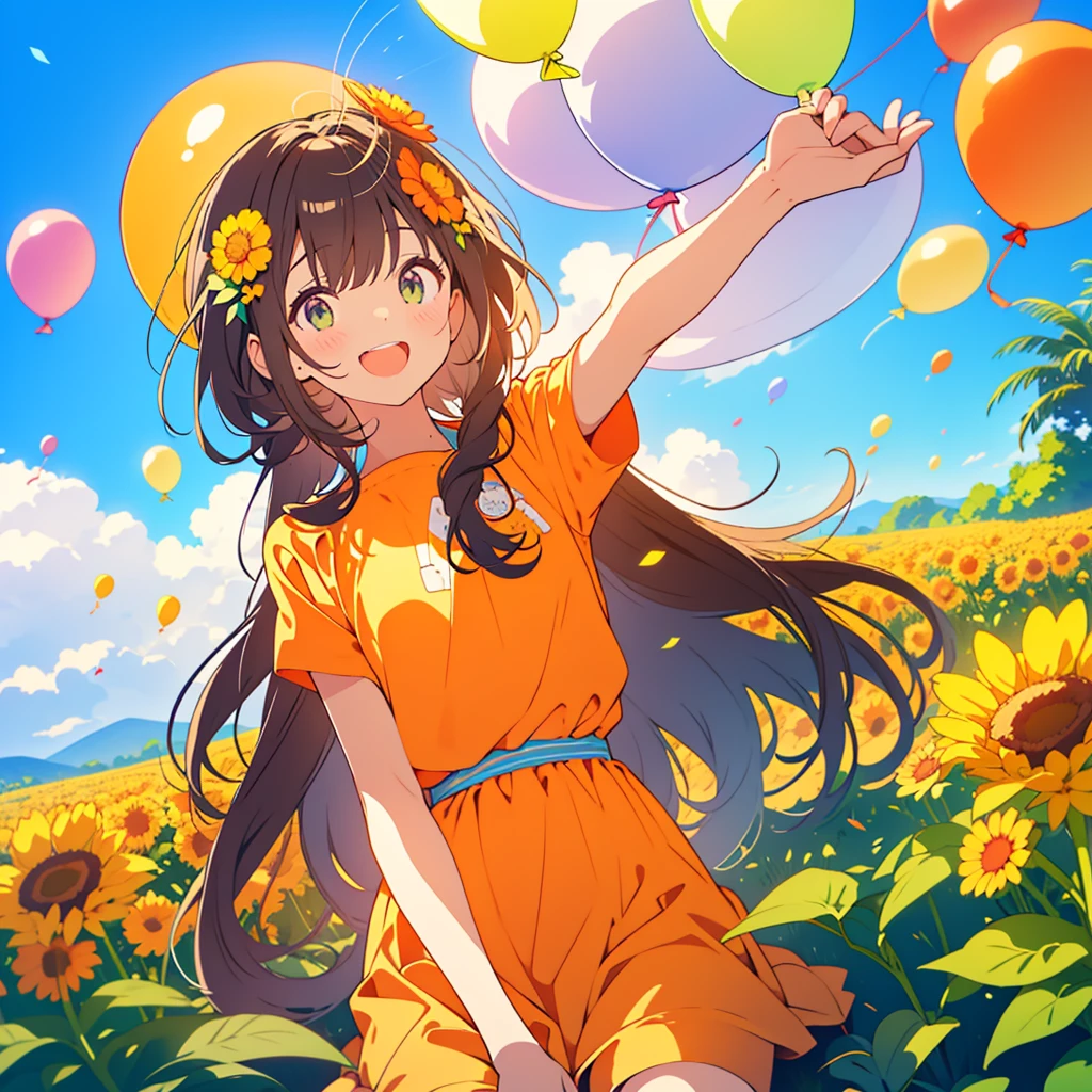 kawaii, anime, Cute, hyper quality, highly detailed, 8k, Clarity, dark brown long hair, smile, green eyes, round marigold, orange round marigold flower field, round marigold flower field, sit on a flowering hill, colorful balloons, balloons are flying in the sky, flower garden, morning dew, Shining light, particles of light, dazzling smile, Draw facial expressions in detail, Draw the eyes in detail, white casual clothes, A breeze flows, celebration, A large number of balloons fly into the sky, look up at the sky, A dynamic posture, balloon, clear blue sky, curled marigold, happy birthday, blue sky, clear sky, rainbow colored balloons, colorful balloons, release a large number of balloons into the sky, upper body, hold one's hand in the sky,