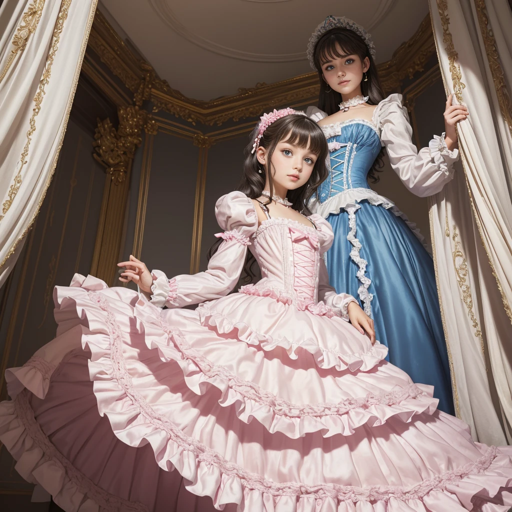 photo shoot,highest quality, masterpiece, highest resolution, artwork, (Cute girl),(),((white skin)),((bionde)),((blue eyes)),The girl is a princess, girl,girl,((Victorian ball gown princess dress with lavish pink ruffles and bows and a voluminous full-length hoop skirt)),long sleeve,long dress,A dress with lots of frills and ribbons.,luxury, ((palace bedroom)), ((Huge luxury victorian canopy princess’s bed)), lots of frilly pillows,ruffle bed skirt,High quality beautiful girl,High quality dress,High Quality Princess Bed,Are standing,STAND UP,((Lift up the skirt of your dress with both hands)),((A world without underwear)),((Lower body is naked)),(show vagina,Realistic pussy),Spread your legs wide,from below,nffsw,